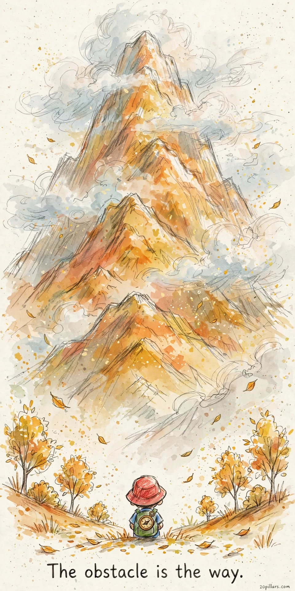 Milo in a red bucket hat with his green backpack and compass, seen from behind on an autumn path between golden trees, facing a towering watercolor mountain of layered orange ridges under swirling clouds with falling leaves