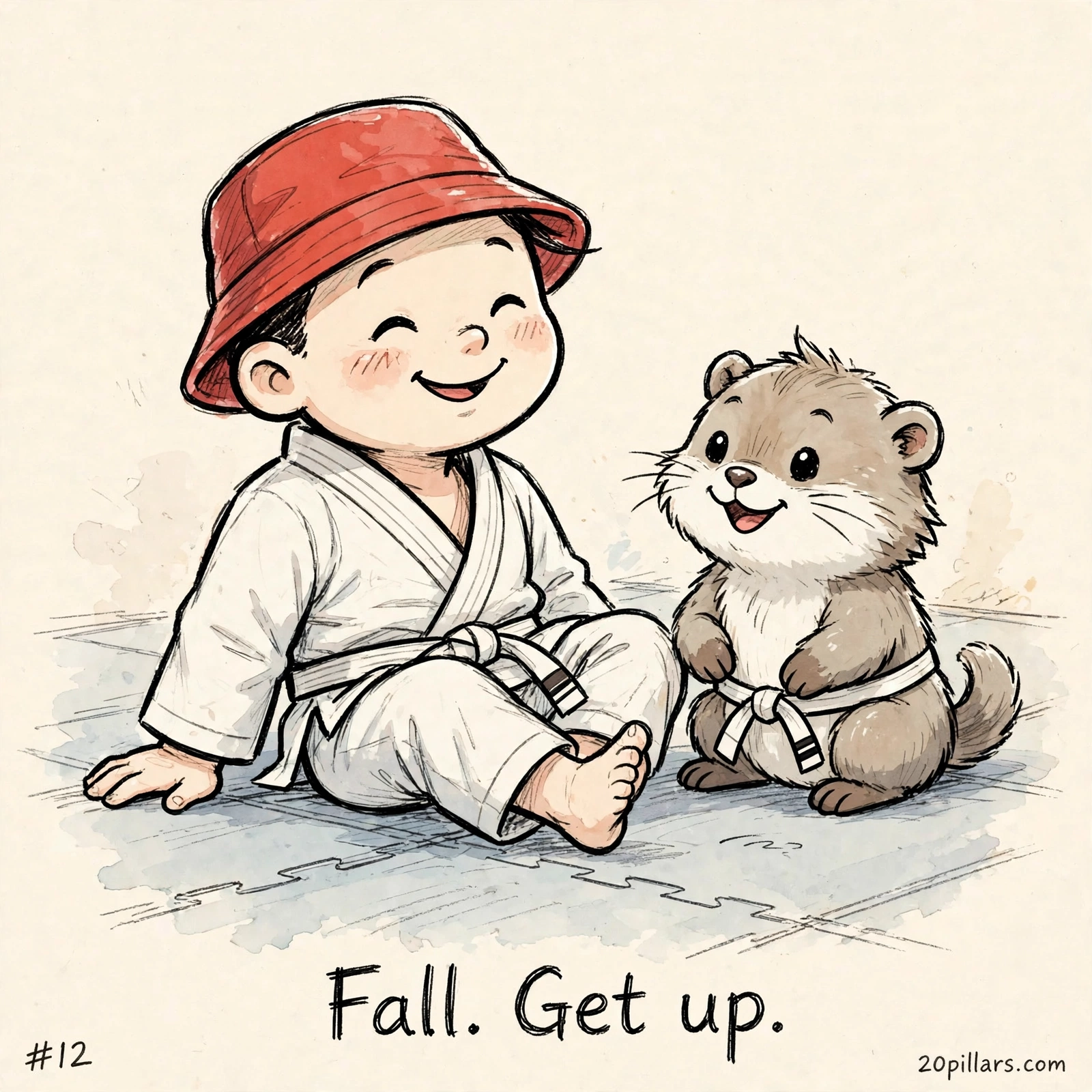 Milo in a red bucket hat and white gi with a white belt sitting on blue interlocking foam gym mats, grinning with closed happy eyes at a small brown otter wearing a matching miniature white belt tied around its waist
