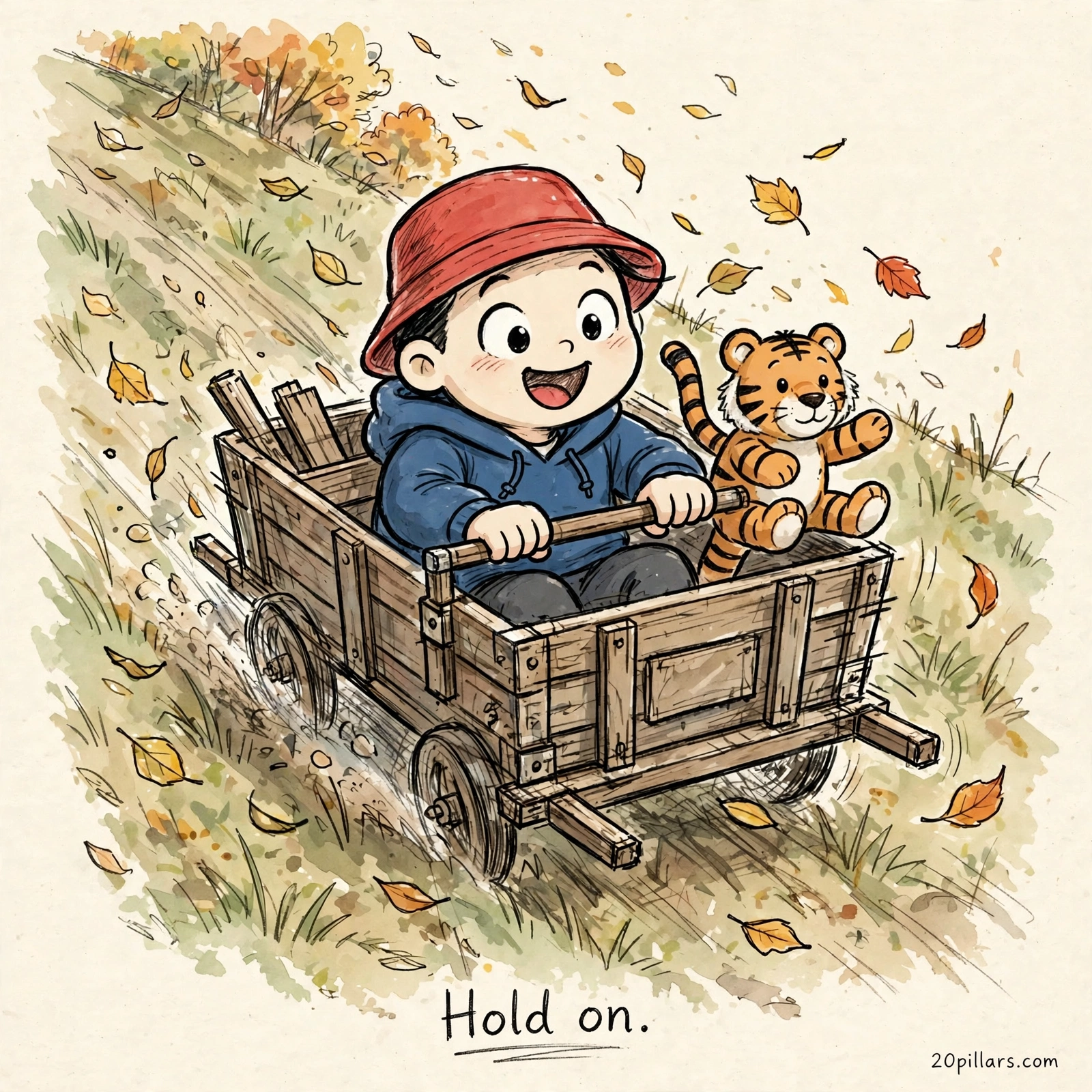 Milo in a red bucket hat and blue hoodie grinning as he rides a wooden wagon downhill with his stuffed tiger, autumn leaves flying around them