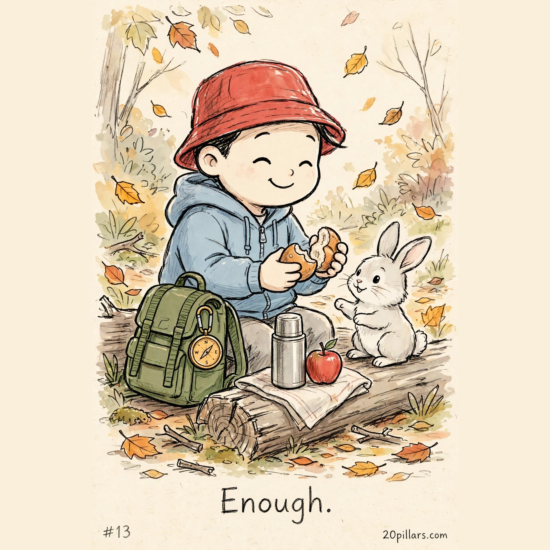 Milo daily comic: Enough. — Milo in a red bucket hat and light blue zip-up hoodie sitting on a fallen log on an autumn trail, breaking a roll in half to share with a small white bunny, green backpack with gold compass beside him, thermos and red apple on the log, falling autumn leaves.