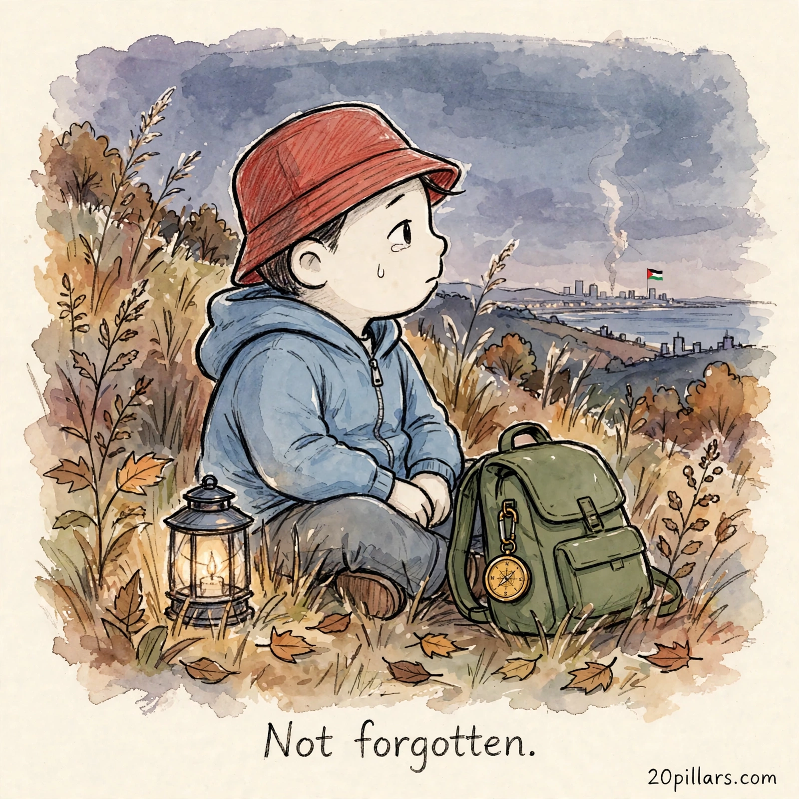 Milo in a red bucket hat kneeling in tall autumn grass beside a lit lantern and his green backpack with a compass, looking out at a distant city skyline under a dark overcast sky where a Palestinian flag flies and smoke rises