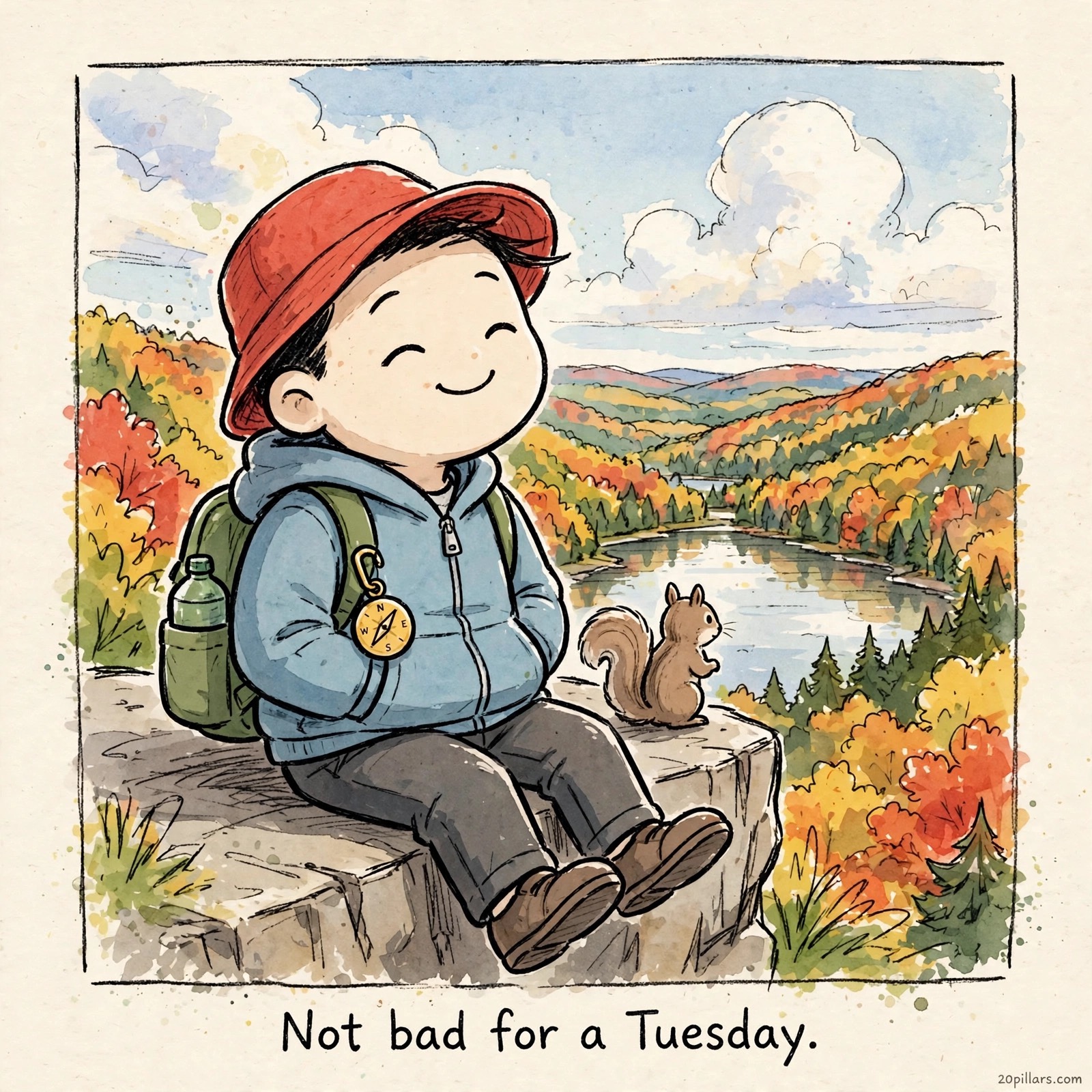 Milo in a red bucket hat sitting on a rocky ledge beside a squirrel, smiling over an autumn valley and lake
