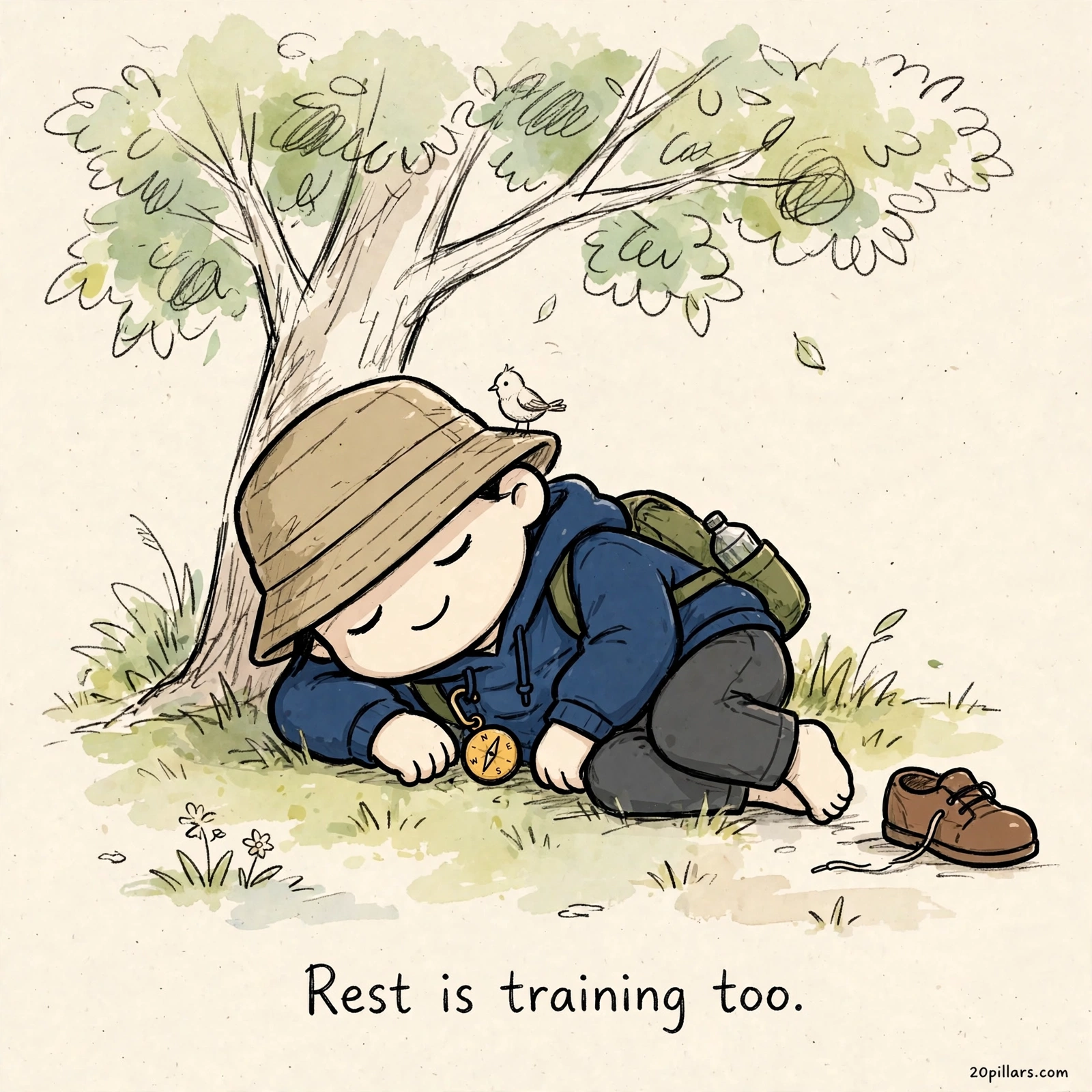 Milo resting beneath a tree with a bird perched on his hat