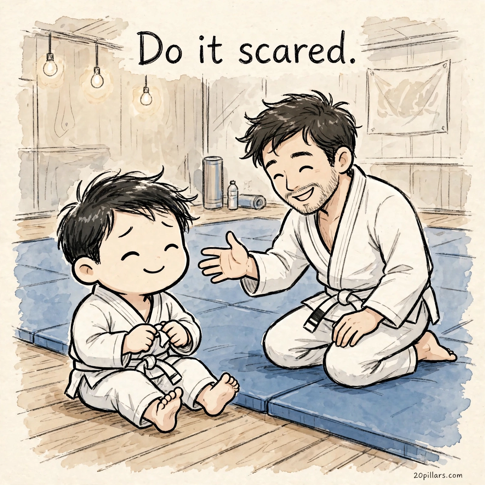 Milo as a nervous white belt in a gi sitting at the edge of the dojo mat, while a smiling black-belt instructor kneels and offers an encouraging hand