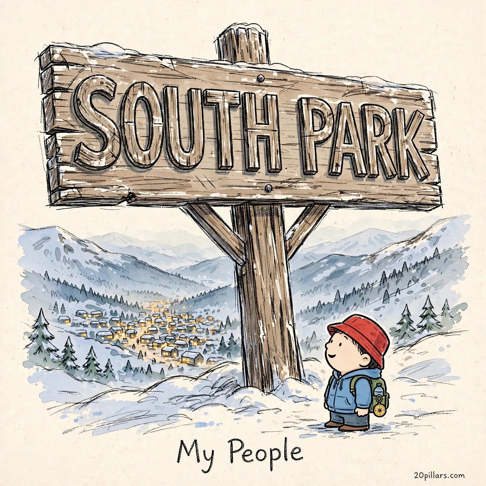 Milo in a red bucket hat with his backpack, smiling up at a wooden South Park sign above a snowy mountain town at dusk