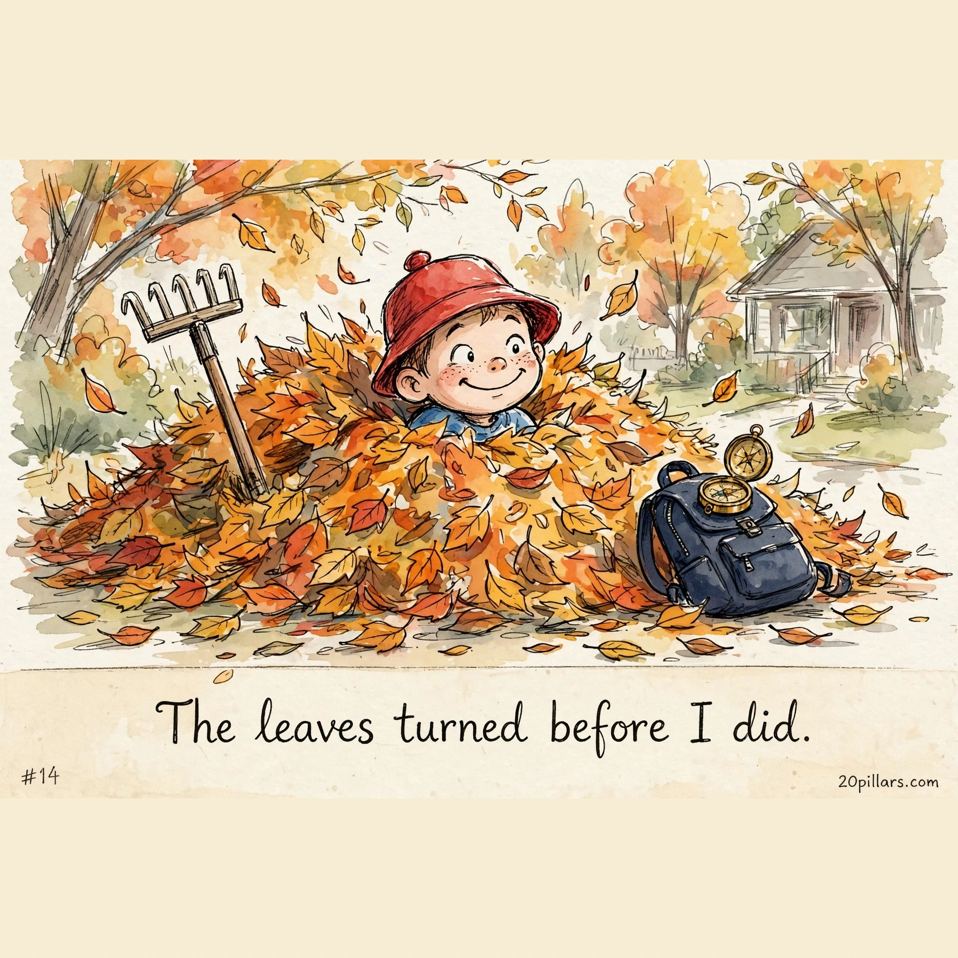 Milo daily comic: The leaves turned before I did. — Milo in a red bucket hat and blue top buried up to his neck grinning in a huge pile of orange and red autumn leaves in a front yard, rake leaning against the pile, backpack with gold compass beside the pile, house and autumn trees behind.