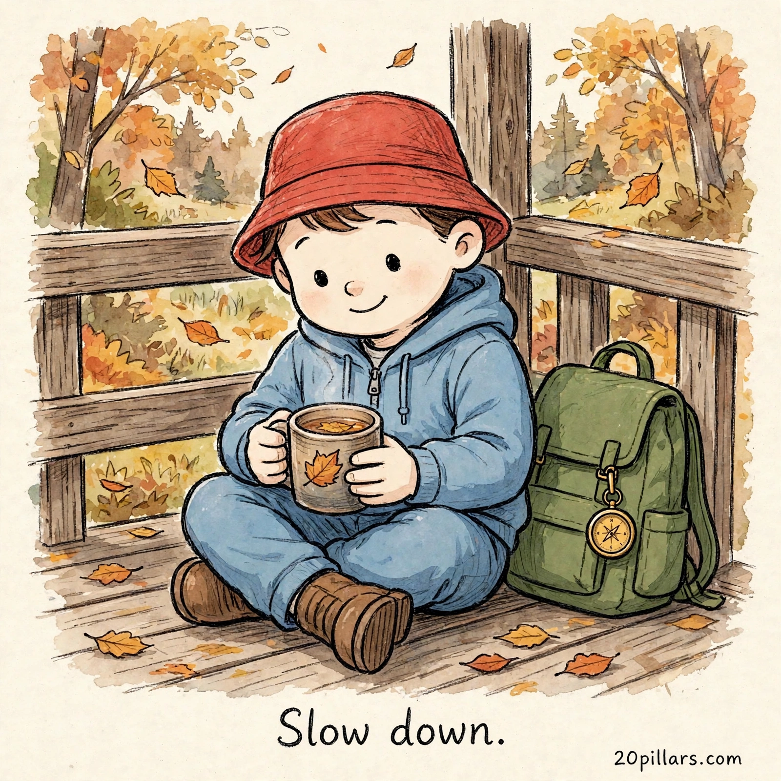 Milo in a red bucket hat and blue hoodie sitting cross-legged on a wooden porch holding a warm mug with both hands, his green backpack with a compass beside him and autumn leaves drifting down around the trees