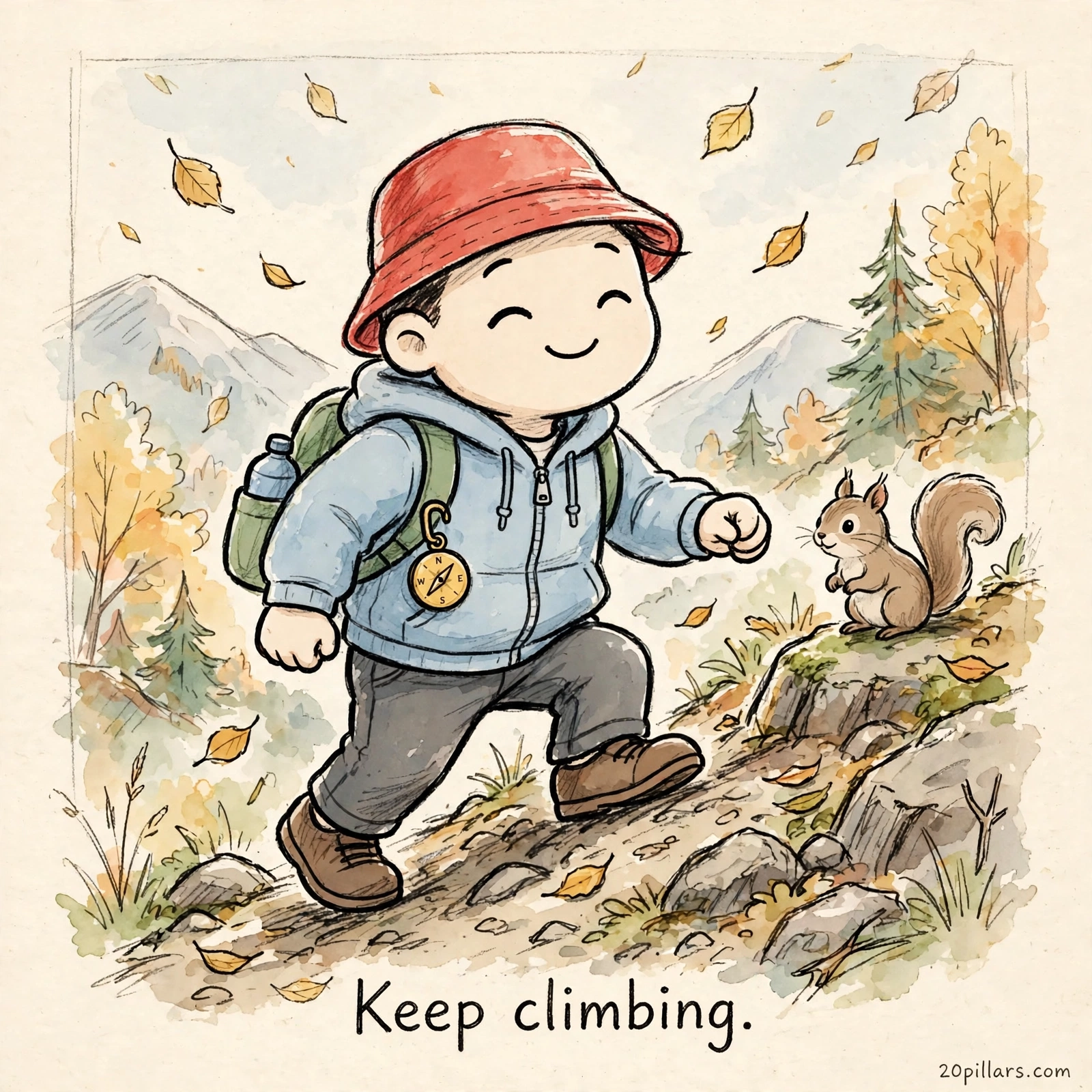 Milo in a red bucket hat climbing a mountain trail beside a squirrel