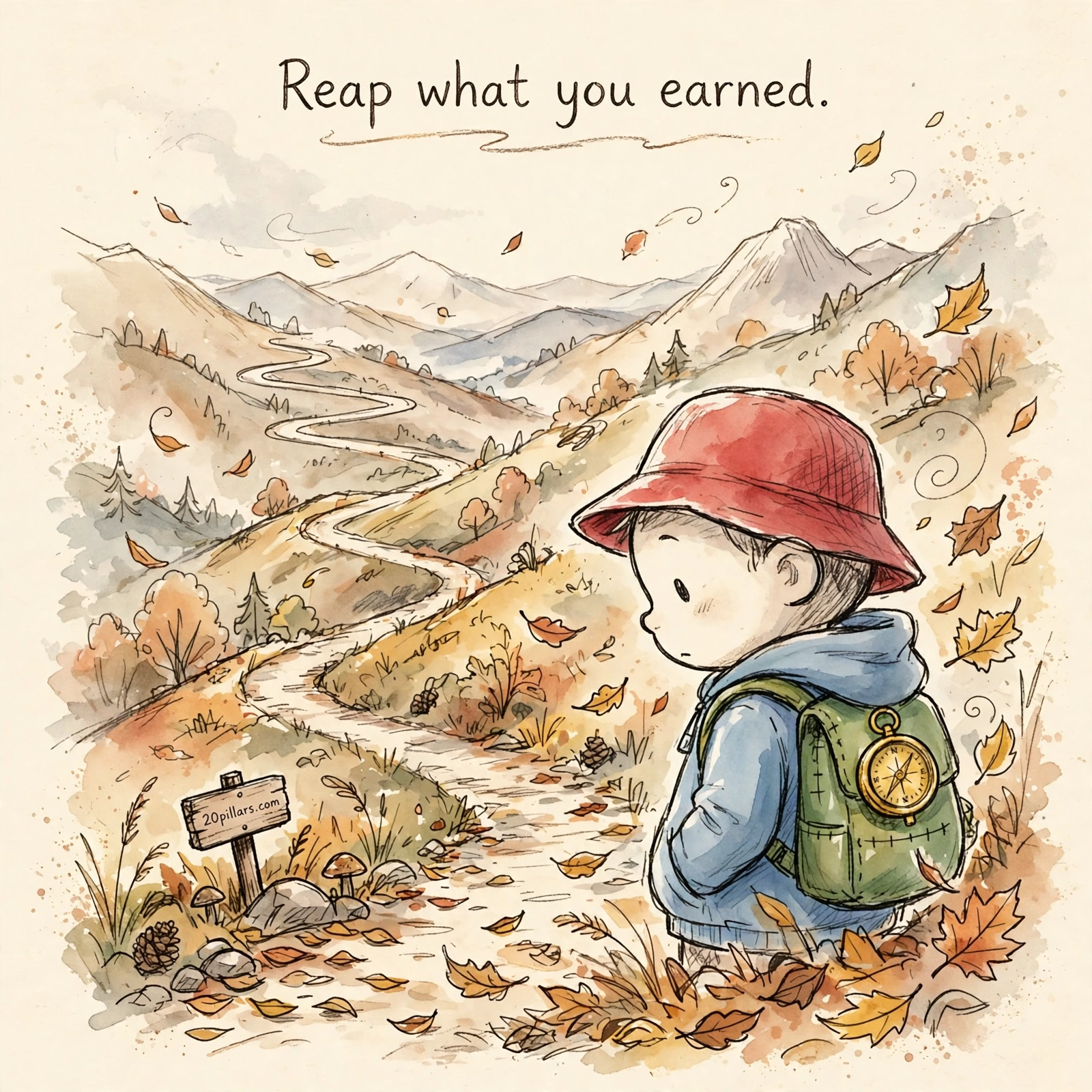 Milo in a red bucket hat with a compass on his green backpack, gazing down an autumn valley at a winding trail and distant mountains, falling leaves around him