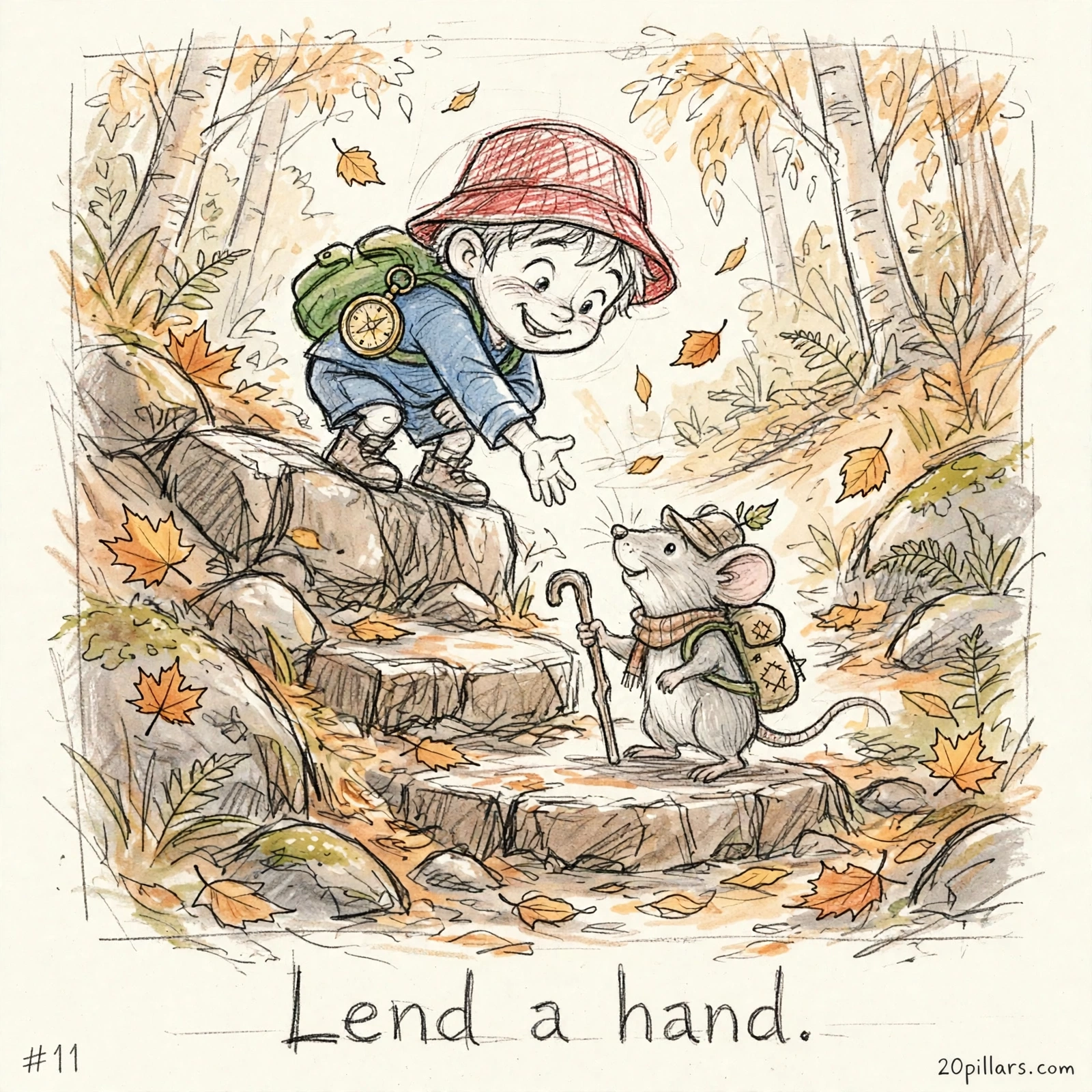 Milo in a red bucket hat and blue jacket crouched on a stone step of an autumn woodland trail, reaching his open hand down to help up a small gray mouse in a hiking cap and beige scarf carrying a walking stick, birch trees, ferns and falling maple leaves around them